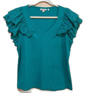 Chico's Teal Eyelet Ruffle Sleeve Women's ribbed cotton top size large